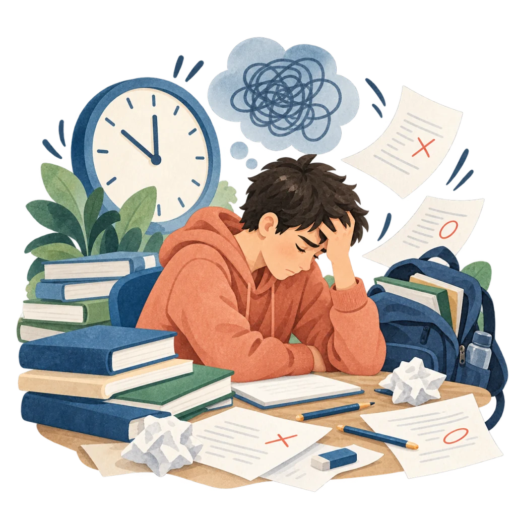 Ein Schüler zwischen Prüfungsunterlagen, Büchern und Zeitdruck
