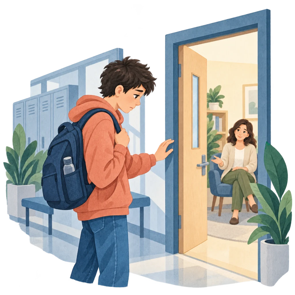 Ein Schüler zögert vor dem ersten persönlichen Hilfeschritt